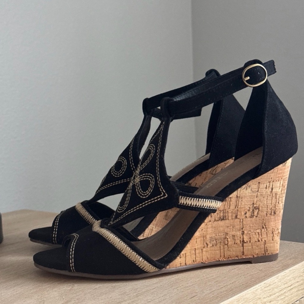 Black Cork Wedge Sandals | Ankle Strap | Gold Stitch Detail | Size 8 | NWT